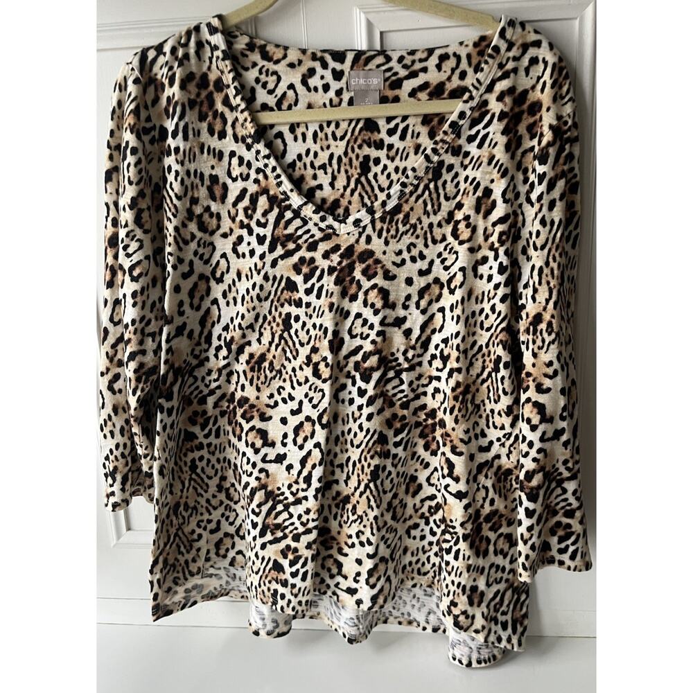 CHICO'S Leopard Print V-Neck Top Size 2 (US Large 12) Cotton Modal Animal Print